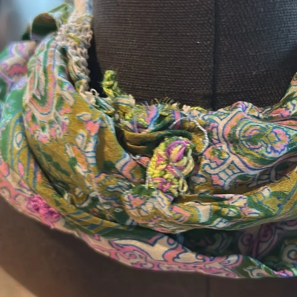 Hand Crafted head scarf hat band antique silk lace embroidered Multi floral